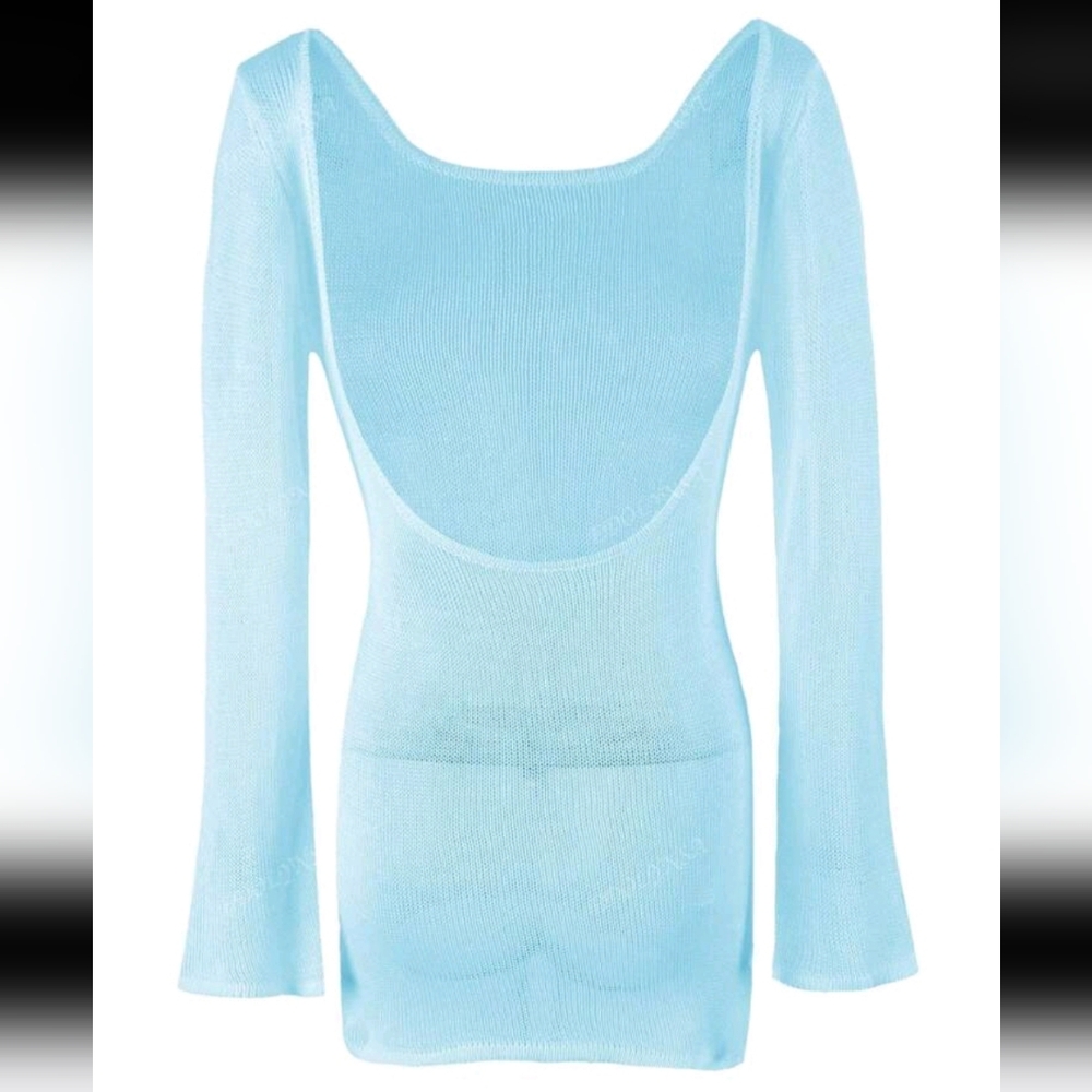 Sexy Backless Bell Sleeve Summer Seaside Women's Solid Knit Beach Mini Dress - Picture 6 of 7